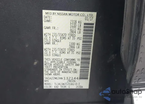 2017 Nissan Murano Platinum из США, поврежденный, VIN 5N1AZ2MG3HN132144